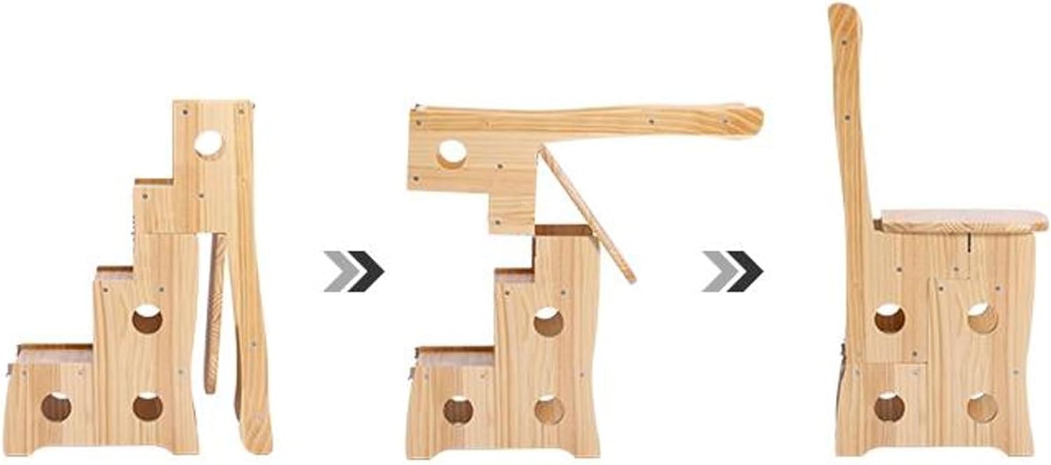 Steps 4-Step Solid Wood Folding Ladder Chair, Protable Library Ladder, Convertible Folding Chair Step Stool Display Stand for Adults Office Home Kitchen Outdoor Steps Ladder(Nature