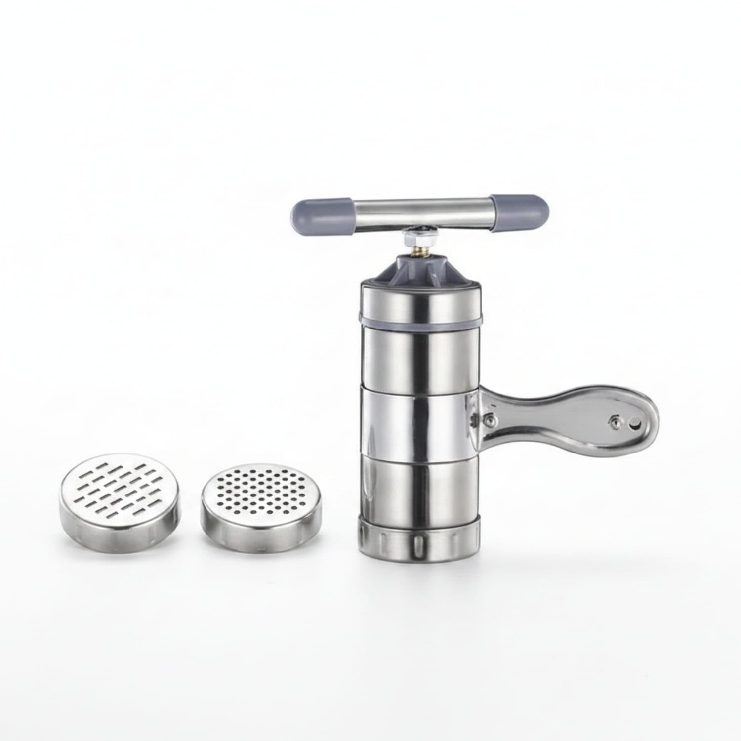Compact Manual Noodle Press Cylindrical Body Stainless Steel Noodle Press Silver Finish Spaghetti Maker Long-Lasting, Ss 2-Mold-image-39
