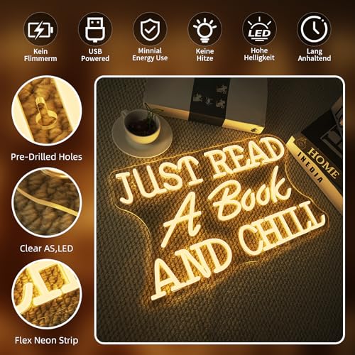 Image of Just Read a Book and Chill White LED Neon Lights Wall Decor LED Sign with Dimmable Switch Neon Light Up Sign for Classroom Bookstore Library Study Room Reading Party