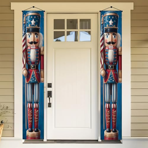 Image of BlissYard Patriotic Nutcracker Door Banner Star Stripe Independence Day Hanging Banner Nutcracker Decor for Memorial Day Independence Day Door Cover Front Porch Wall Home Patriotic Decor 12x72 Inch