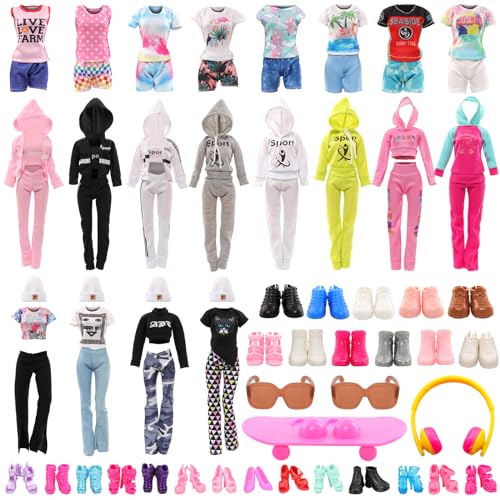 Barwawa 30cmドール ピンクうんどう用服セット 人形用ドレス 27 セット=8枚服 + 15足靴 + スケートボード、メガネ、イヤホンなど4個アクセサリー 1/6人形適用