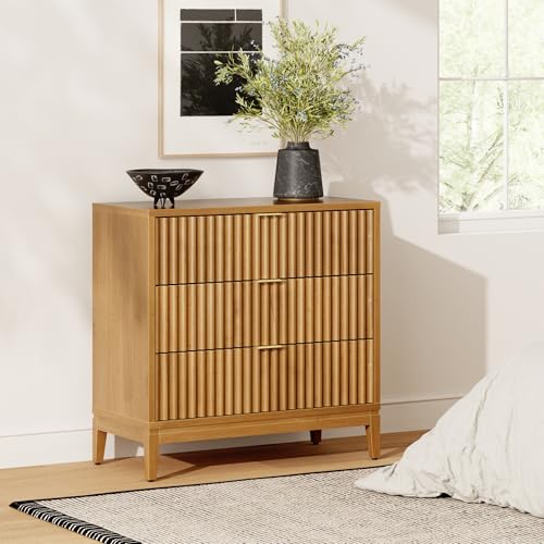 Nathan James Jasper Mid Century Modern 3-Drawer Dresser with Solid Wood Frame, Fluted Dresser for Nursery or Small Drawer for Bedroom, Warm Pine