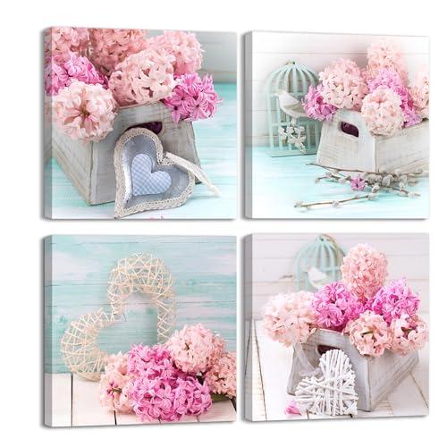 Piy Painting Lot de 4 Impression sur Toile Rose Décoration Murale 30x30 CM Motif de Coeur Romantique Tableaux Photo sur Toile avec Cadre Intérieur pour...