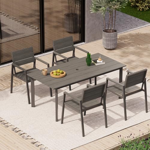 Image of 67 inch Rectangle HDPS Patio Dining Table, Aluminum Outdoor Patio Dining Table with Umbrella Hole, Weather-Resistant for Lawn, Garden, Yard, Poolside and Indoor Use (Gray & Teak)