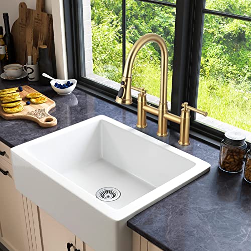 Brushed Gold Bridge Kitchen Faucet With Pull Down Sprayer, Lava Odoro Transitional Brass Kitchen Sink Faucet 3 Hole 2 Handle Spot-Resistant, Lead-Free, Kf501-Sg #TOP2