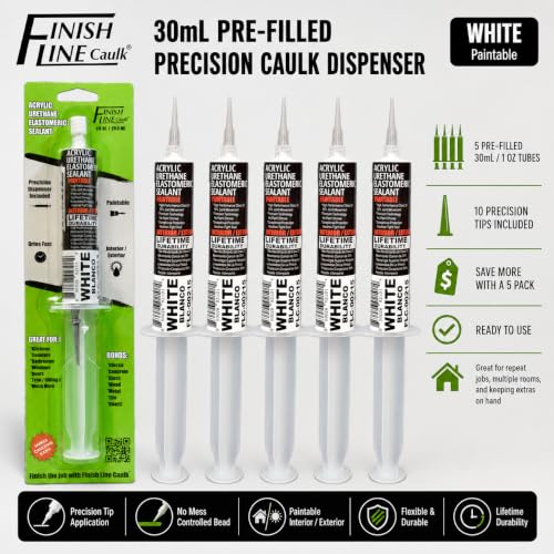 Image of Finish Line Caulk 30mL Pre-Filled Precision Caulk Applicator White 5-Pack | Clean, Controlled Application with Less Mess and Rework