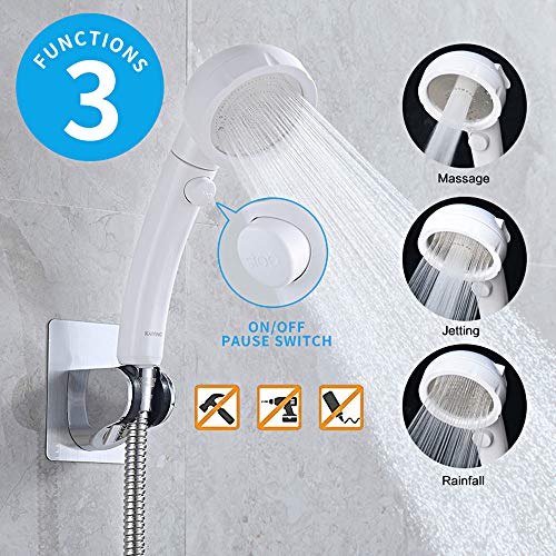 Kaiying Drill-Free High Pressure Handheld Shower Head With On/Off Pause Switch 3 Spray Modes Water Saving Showerhead, Detachable Shower-Head, (G:shower Head (White)+Bracket+Hose) #TOP1