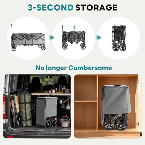 Image of DUMOS 49''L Collapsible Extended Wagon with 440LBS Capacity, Heavy Duty Wagons Garden Cart with All-Terrain Big Wheels & Drink Holders, 250L Foldable Carts for Sports, Shopping, Camping, Grey