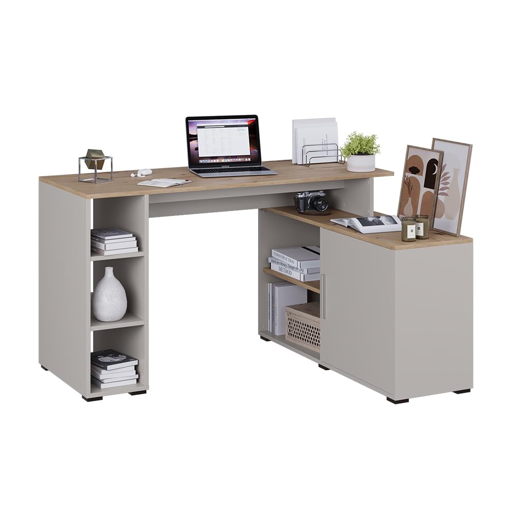 Vicco Biurko narożne "Rudy", Kaszmir, 135 x 110 cm | z półkami, pour une conception flexible de l’espace de travail et l’utilisation du rangement