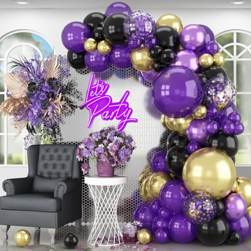 HILAVO Purple Black and Gold Balloon Arch Kit Graduation Balloon Garland Dark Purple and Gold Metallic Black Confetti Balloons for Retirement Wednesday Birthday Baby Shower Engagement Party Decoration