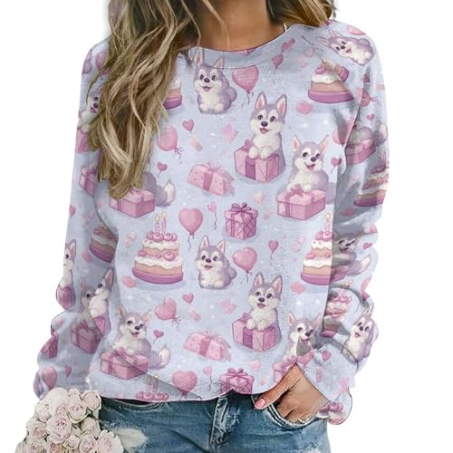 Sweat-shirt manches longues femme col rond confortable avec imprimé chiot