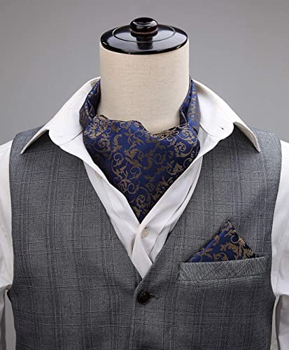 HISDERN Cravat dla mężczyzn jedwabny paisley męski krawat i poszetka zestaw w kropki Ascot krawat i chusteczka na wesele Boże Narodzenie, A2 - granatowy, Rozmiar uniwersalny