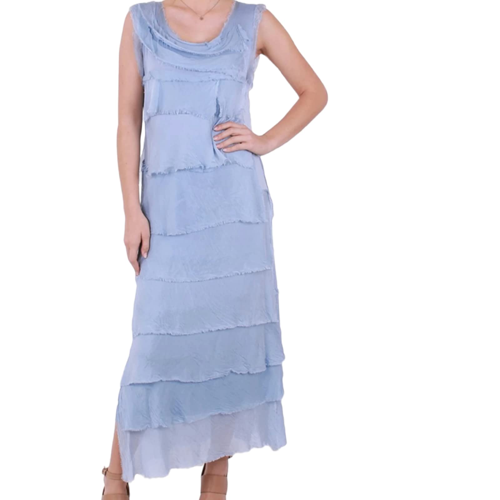 Alam Exclusive Women's Denim Dress Maxi Flap Over Italian Shredded Elegant Sleeveless Party Summer Layer Look Plain Pleated Layer Resort Wear (Denim)