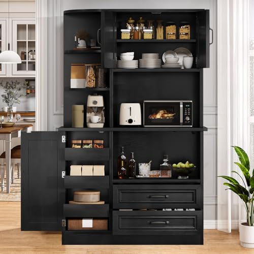 DWVO Kitchen Pantry Storage Cabinet, 64" H Kitchen Hutch Cabinet with Power Outlet, Sliding Racks with Door, Drawers with Doors and 3-Tier External Shelves for Living Room, Dining Area (Black)