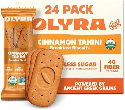 Olyra Breakfast Biscuits Cinnamon Tahini, Kids Healthy Snacks, Low Sugar, High Fiber, Plant-Based Protein Cookies, Organic Breakfast Cookies with Ancient Greek Grains, 24 Packs