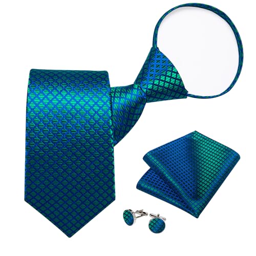 Image of DiBanGu Mens Zipper Ties Silk Adjustable Necktie Pocket Square | Paisley /Striped Pattern,Pre-tied Gift Tie Sets,Jacquard Woven,Pocket Square Cufflinks,Great for Formal & Business Wedding