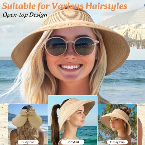 Image of NPQQUAN Sun Visor Hats for Women Wide Brim Ponytail Straw Beach Hat Packable Foldable UPF 50+ Floppy Travel Hats