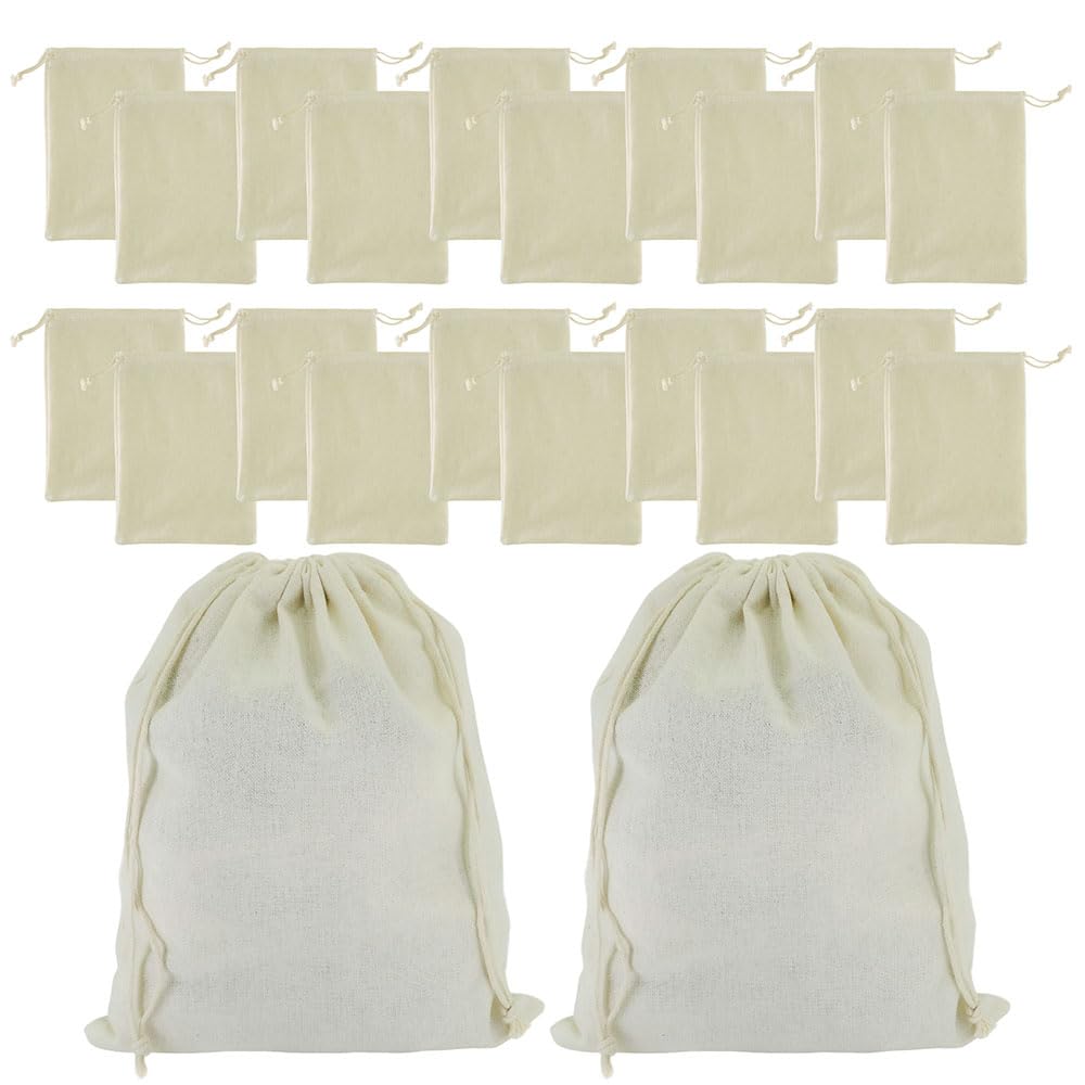 ciciment 20 Pack Cotton Drawstring Bags - Reusable Pouches for Gift Wrapping, Crafts, Wedding Favors, Tea Brewing, and Kitchen Storage (20 * 25CM)