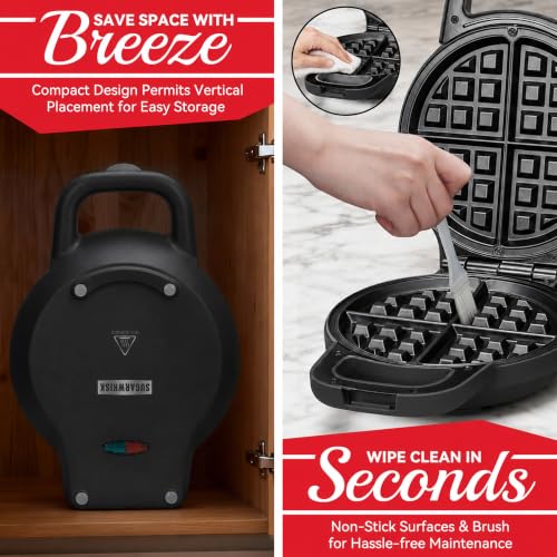 Image of SugarWhisk 6-Inch Flip Belgian Waffle Maker, Ceramic Nonstick, Graphite | 180 Flip Waffle Iron, 750W Heat, PFAS-Free Ceramic Plates, Cool-Touch Handle, Safety Lock, Batter Groove & Upright Storage