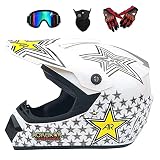 VOMI Casco Moto Cross Adulto Casco Motocross con Gafas/ Máscara/ Guantes, Casco de Motocross Niño Casco de Moto Cross Hombre Casco da Motocicleta para ATV Quad Bicicleta, Go Casco de Kart, Blanco,M