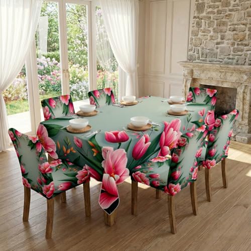 Nappe de table de fête avec housses extensibles imprimé fleurs roses - 4