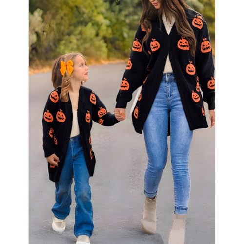 Mommy and Me Halloween Fall Outfit Pumpkin Spooky Embroidery Long Sleeve Open Front Knit Cardigan Sweater Top2