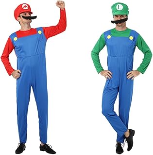 AUTOWT Mario Cosplay Costume for Adult, 3 Pack Super Brothers Fancy Dress Outfit Kits with Bodysuit, Luigi Hats Cap, Musta...