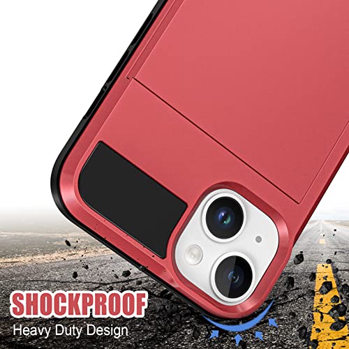 Anuck Case For Iphone 14 Plus Case With Card Holder, Shockproof Heavy Duty Wallet Case [Credit Card Slot][Slide Cover] Anti-Scratch Shell Dual Layer Armor Hard Bumper Protective Phone Case 6.7" - Red #TOP5
