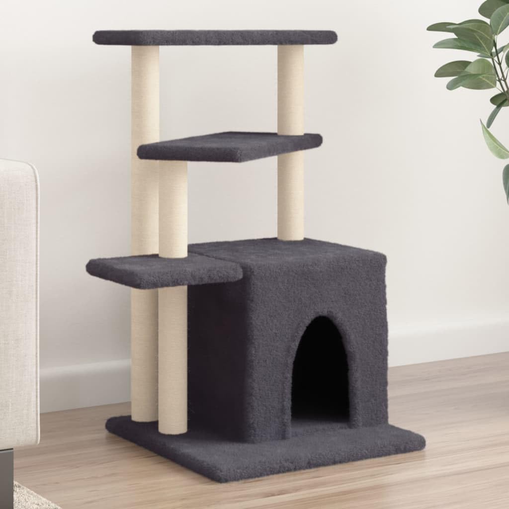 Kratzbaum mit Sisal-Kratzsäulen Dunkelgrau 83,5 cm, Plüsch Katzenbaum mit Höhle, Plattform und Liegefläche, Kletterbaum Kratzmöbel für Wohnung, Spielturm mit Kratzstamm und Kratzbrett