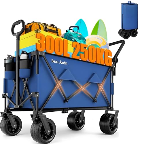 BEAU JARDIN XXL Carrello da Trasporto Pieghevole 300L 250KG per Giardino, Spiaggia e Campeggio con 4...