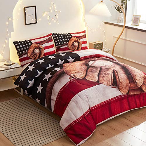 Namoxpa Baseball American Flag Comforter Sets,Baseball Bat And Ball On Foreground Of Star-Spangled Banner National Sports,Decorative 3 Piece Bedding Comforter Sets With 2 Pillow Shams,Queen Size #TOP2