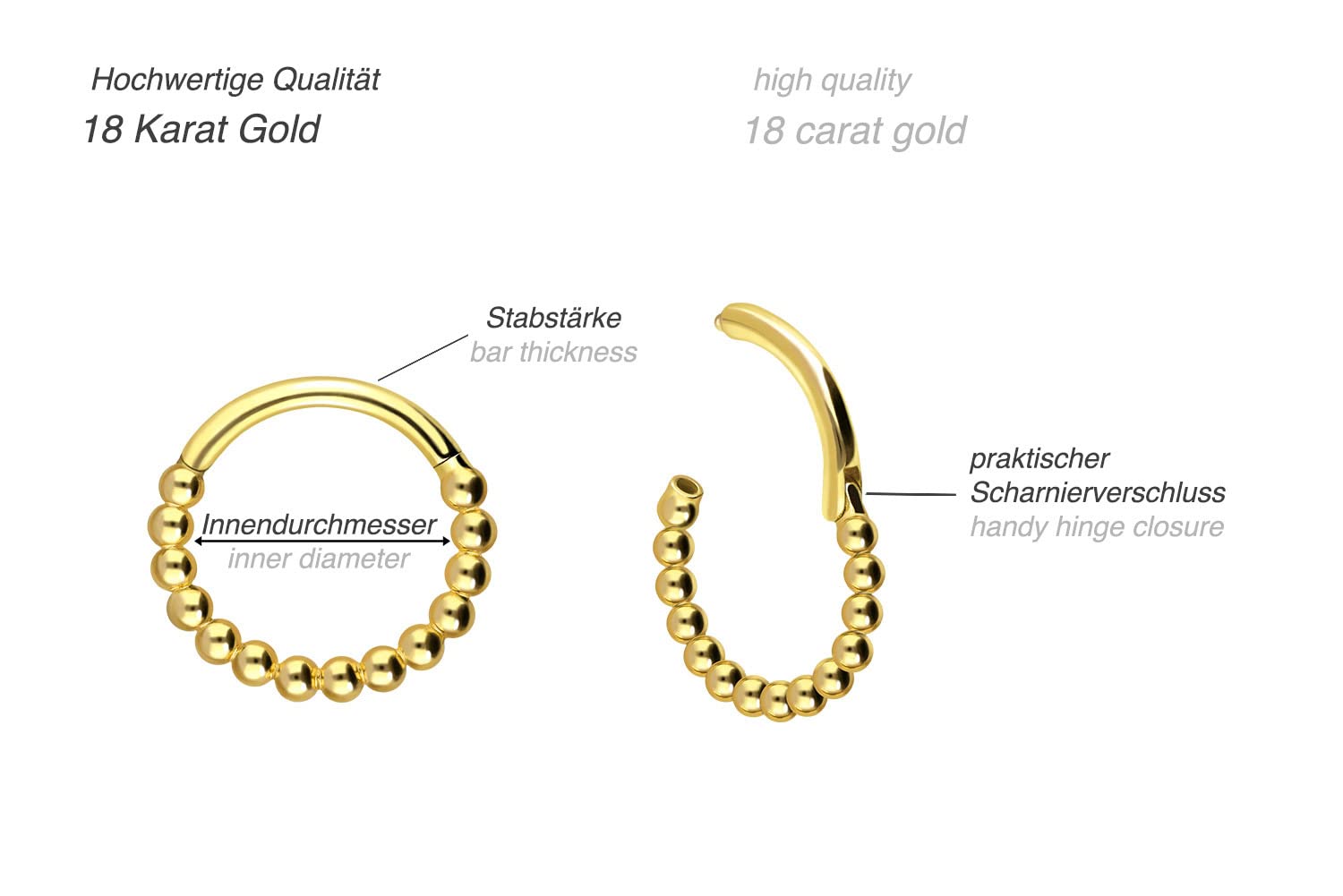 PIERCINGLINE 750er Gold Segmentring Clicker | 18 KARAT | KUGELN | Piercing Ring Nase Septum Ohr Helix | Farb & Größenauswahl