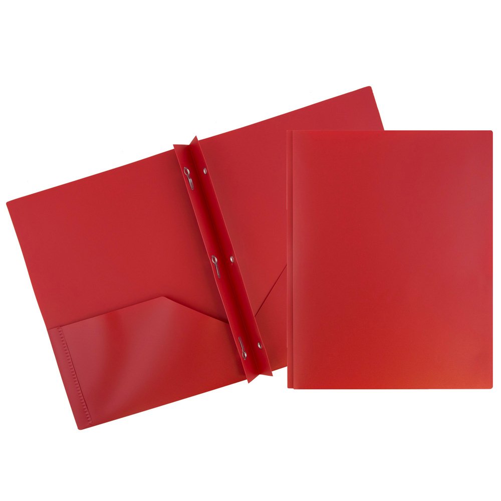 JAM PAPER Plastic Color POP Folders - 2 Pocket Durable Folders with Metal Prongs Fastener Clasps - Red - Bulk 96/Pack