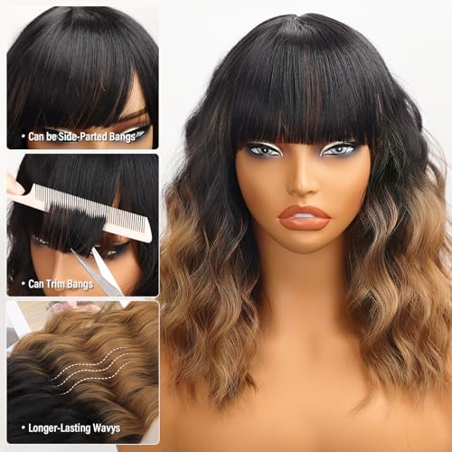 Nnzes Short Wavy Wig with Bangs for Women Shoulder Length Bob Curly Women's Charming Synthetic Wigs with Natural Wavy Black To Brown Heat Resistant Hair for Daily Party Use - Image 3