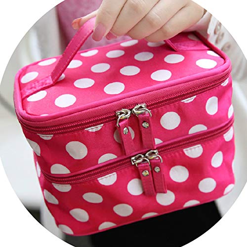 JOVANA Double Layer Cosmetic Bag Black with White Dot Travel Toiletry Cosmetic Makeup Bag Organizer With Mirror (Pink)