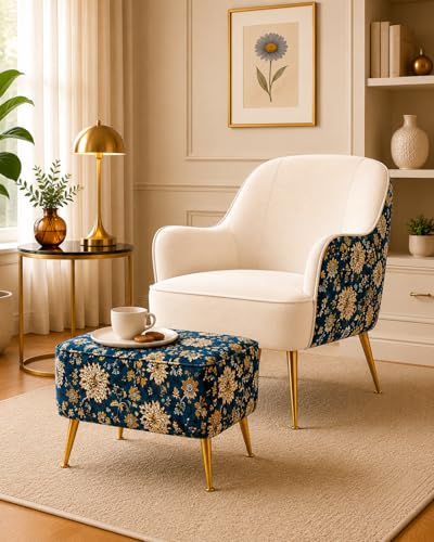 Image of Accent Chair with Ottoman | Modern Velvet Lounge Chair with Floral Designer Back | Upholstered Armchair for Living Room, Bedroom & Cafe | Golden Legs