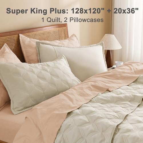 Image of Litanika Beige Oversized King Bedspreads 128x120 Quilt Set - 3 Piece Summer Lightweight Comforter Coverlets, Boho Farmhouse Bedding Cover Bed Decor All Season(Super King Plus - 1 Quilt,2 Pillowcases)