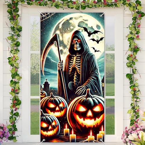 Image of BlissYard Halloween Door Cover Grim Reaper Bats 35x71 Inch Polyester | Door Banner, Wall Hanging | Grim Reaper Entry Decor, Bats Party Backdrop | Porch, Hallway, Photo Area (Gothic Art)