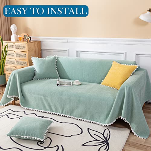 Handontime Light Green Couch Covers For 3 Cushion Couch Sofa Cute Sofa Covers With White Daisy Flower Lace Tassel Chenille Couch Cover For Dogs Sectional Sofa L Shape Futon Couch (71" X118", Green) #TOP3
