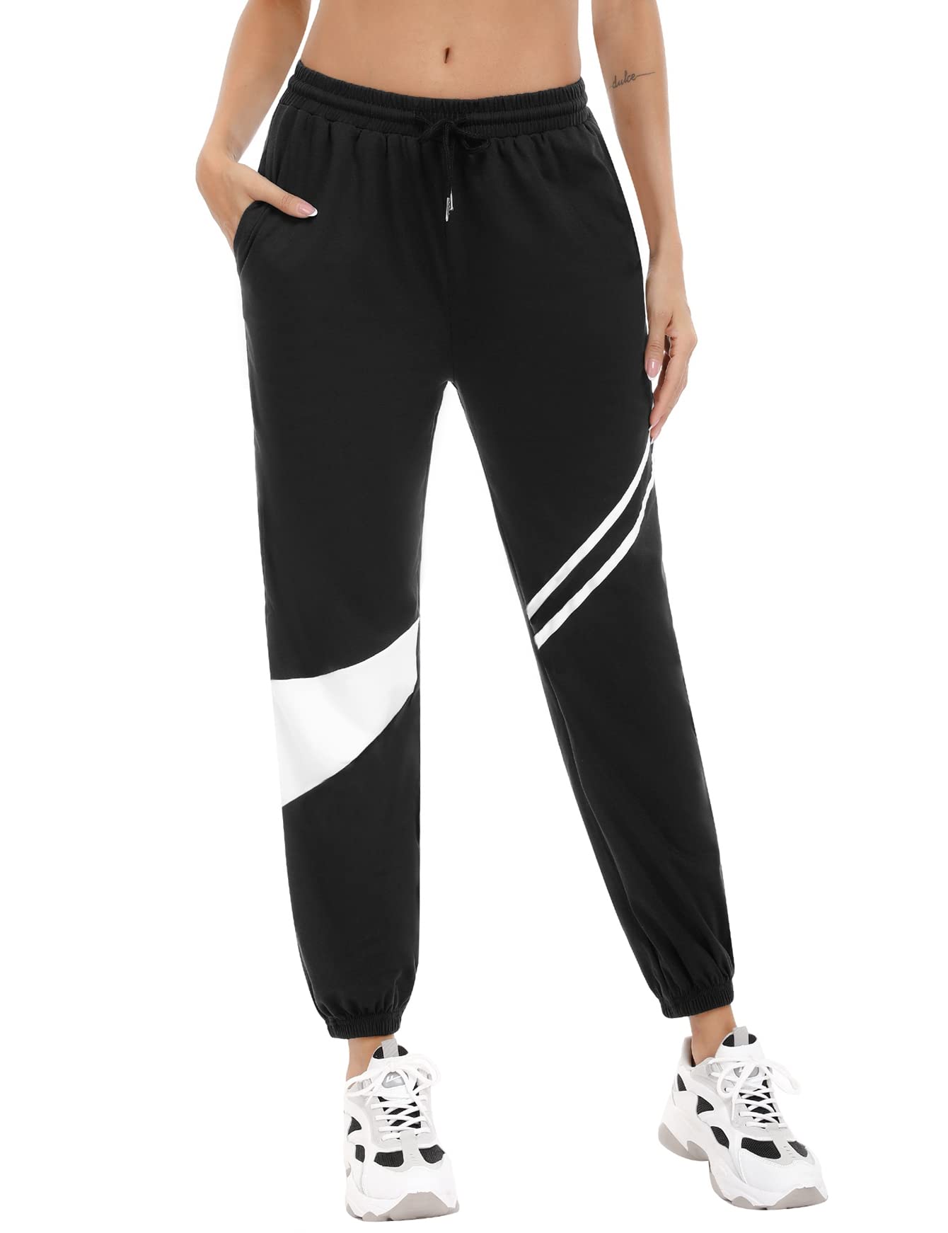 Sykooria Damen Jogginghose Sporthose Lang Yoga Hosen Freizeithose Laufhosen Baumwolle High Waist Trainingshose für Frauen mit Streifen, Streifen C-Black XXL