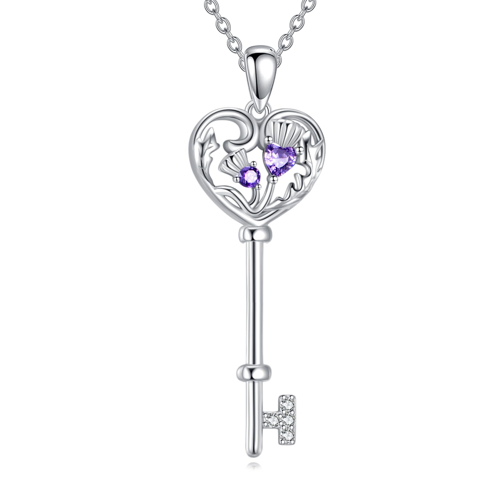 POPLYKE Schottische Distel Schlüssel Halskette für Frauen Sterling Silber Schlüssel Halskette Schottische Distel Anhänger lila Blume Schmuck für Frauen