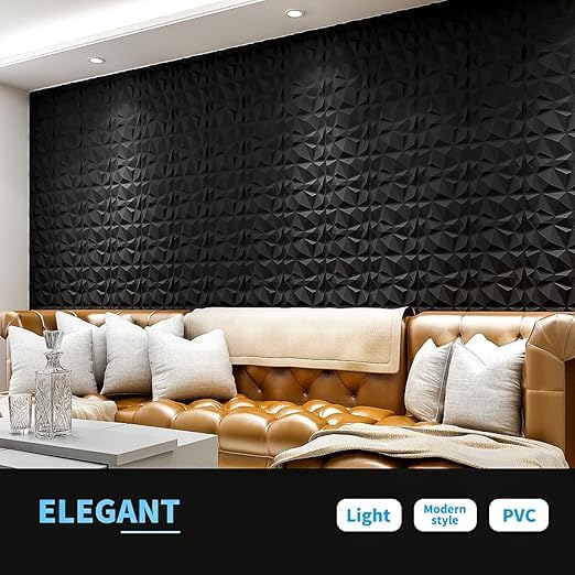 Image of Kayra Decor 3D Wall Panel PVC Diamond Design, Black Color (19.7 X 19.7, (Pack of 12) Covers 32.28 Sq. Ft.