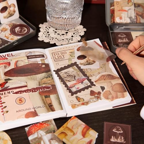 Image of VIBE VISTA Vintage Aesthetic Scrapbook Kit, 346 Pcs, A6 Grid Notebook, Washi, Envelopes, Scrapbook Papers, Folding Labels, Background Papers, Photo Frames, Calendar Stickers, Stickers (Mushroom)