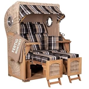 MR. DEKO® Strandkorb Düne Teak 2-Sitzer Bullauge | PE Geflecht Shell | Volllieger Strandstuhl verstellbar | inkl. 4 Kissen Wechselpolster | Strandkörbe fertig montiert aus Teakholz | (Dessin 583)