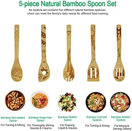 GIRAFEDA 5 Pcs Wooden Spoons Utensil Set Magic Castle Burned Bamboo Cooking Utensils Set Non-Stick Organic Bamboo Utensil Set Wood Spatula Wooden Baking Spoon, House Warming Gifts for Friend