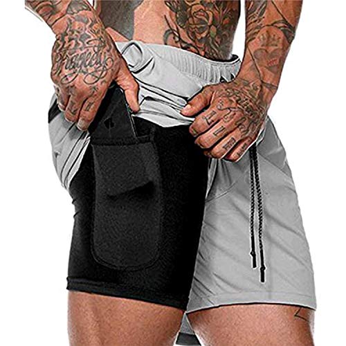 Malavita Men's 2 in 1 Workout Shorts Running Athletic Short with Towel Loop Light Grey US S_Asia Tag M(27.5" - 31.5")