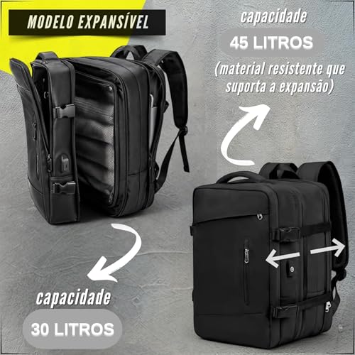 Mochila Viagem Avião Expansivel Aeroporto 45 Litros Expansiva 45 x 33 x 24cm Ergonômica à Prova D'á
