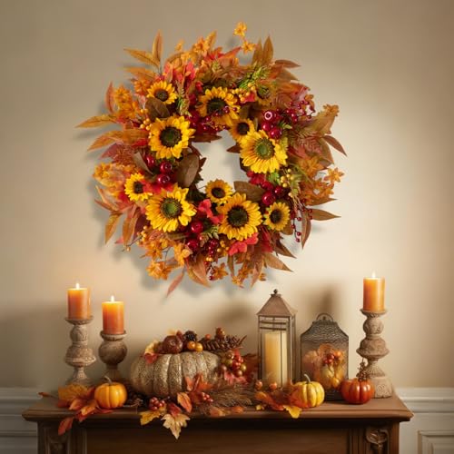 Image of 24 Inch Harvest Fall Wreaths for Front Door with Sunflower and Red Berries