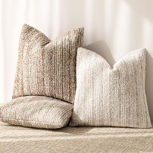 Image of Foindtower Set of 2 Faux Fur Textured Modern Throw Decorative Pillow Covers Square Accent Striped Cushion Sherpa Boho Farmhouse Pillowcase for Couch Sofa Living Room Home Decor 20x20 Inch,Orange Brown