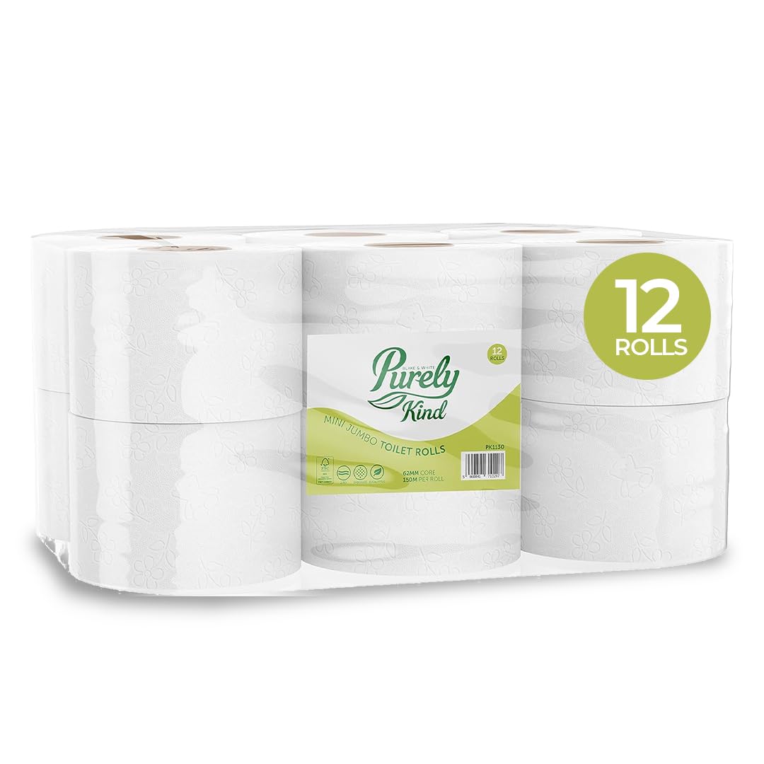 Blake & White 2 Ply Mini Jumbo Toilet Rolls 12 Pack - Purely Kind 62mm Highly Absorbent Toilet Paper for Home and Leisure Centers - Ultra Durable Tissue Roll of 150m